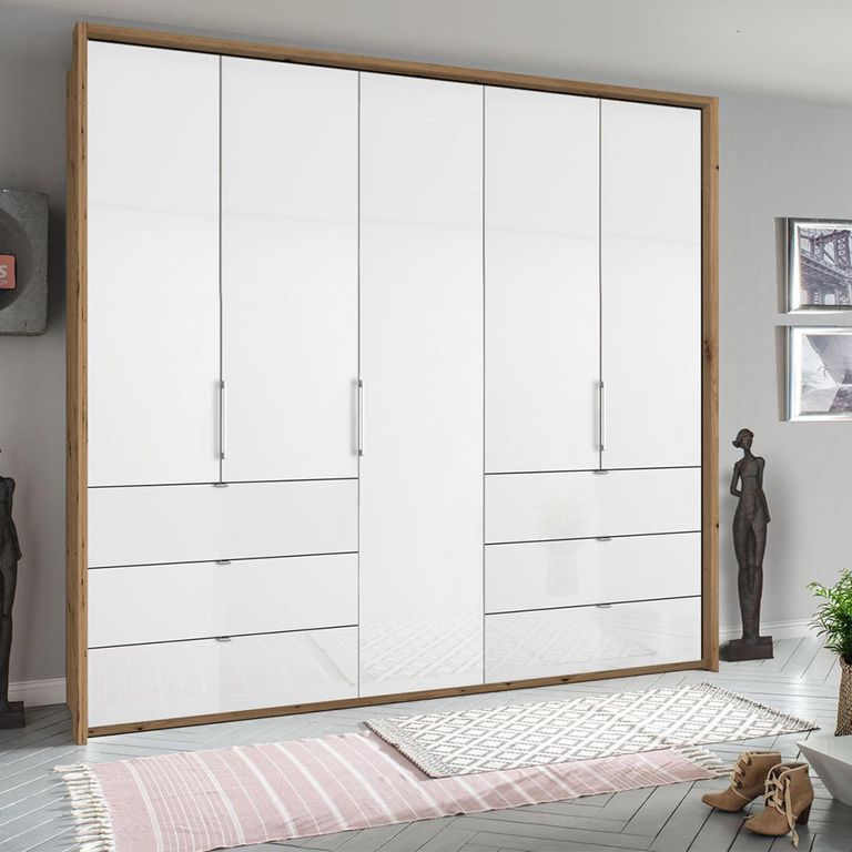 Erimo Wardrobe - 254cm - 5 Door - 6 Drawer - Artisan Oak & Crystal White Glass