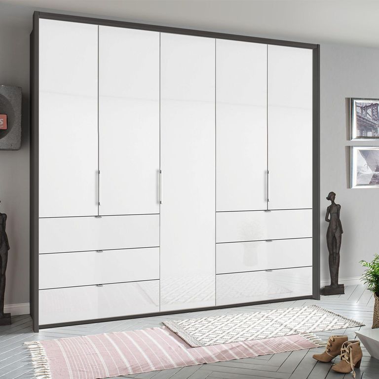 Erimo Wardrobe - 254cm - 5 Door - 6 Drawer - Graphite & Crystal White Glass
