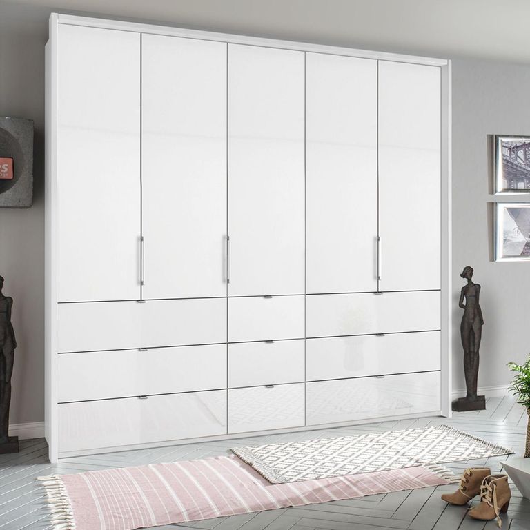 Rauch Erimo 254cm 5 Door Wardrobe with 9 Drawer - Alpine White and Crystal White Glass