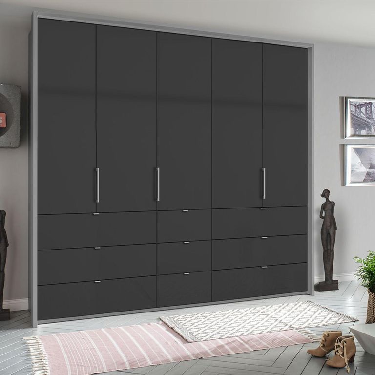 Rauch Erimo 254cm 5 Door Wardrobe with 9 Drawer - Silk Grey and Basalt Glass