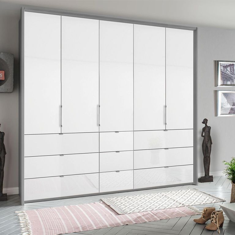 Rauch Erimo 254cm 5 Door Wardrobe with 9 Drawer - Silk Grey and Crystal White Glass