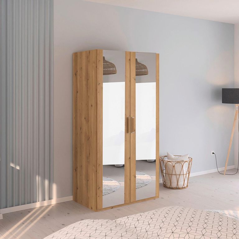 Evelyn Mirror Wardrobe - 101cm - 2 Door - H 197cm - Wild Oak