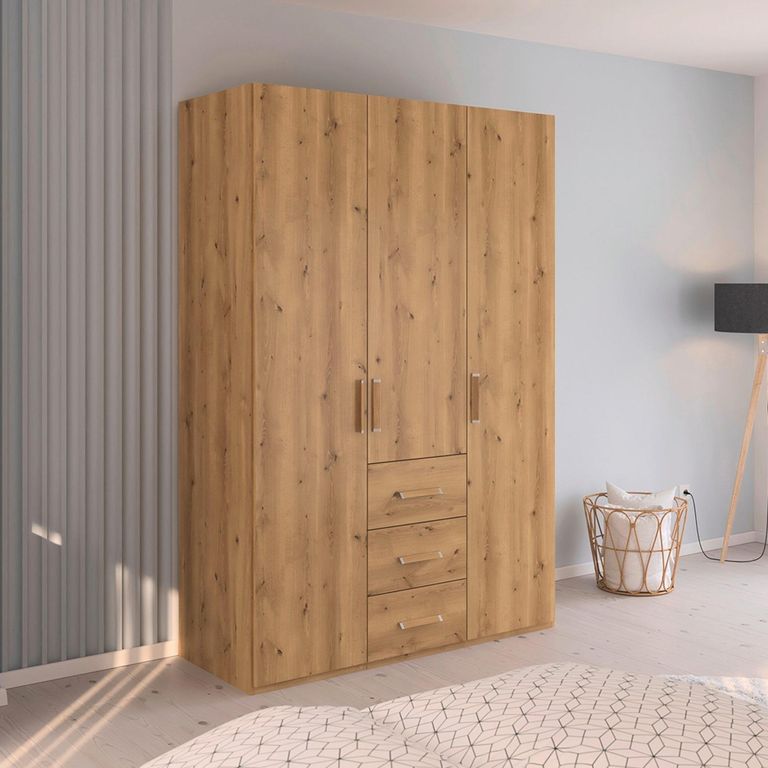 Evelyn Wardrobe - 151cm - 3 Door - H 223cm - with Drawer - Wild Oak