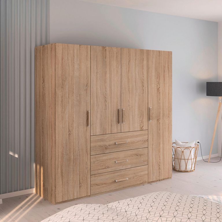 Evelyn Wardrobe - 201cm - 4 Door - H 197cm - with Drawer - Sonoma Oak