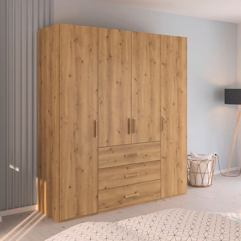 Evelyn Wardrobe - 201cm - 4 Door - H 223cm - with Drawer - Wild Oak