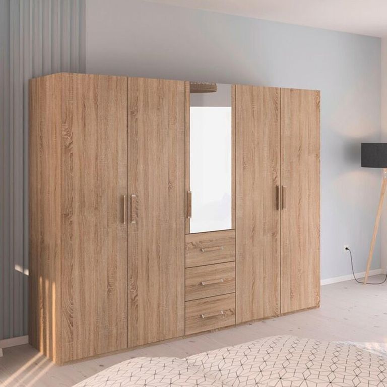 Evelyn Wardrobe - 251cm - 5 Door - Combi - H 197cm - Sonoma Oak