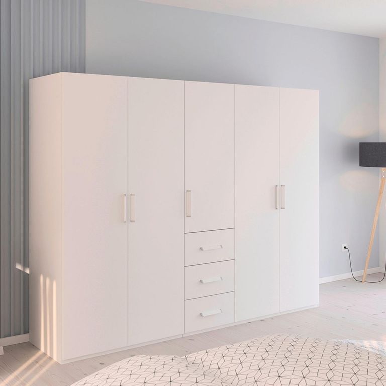 Evelyn Wardrobe - 251cm - 5 Door - H 197cm - with Drawer - Alpine White