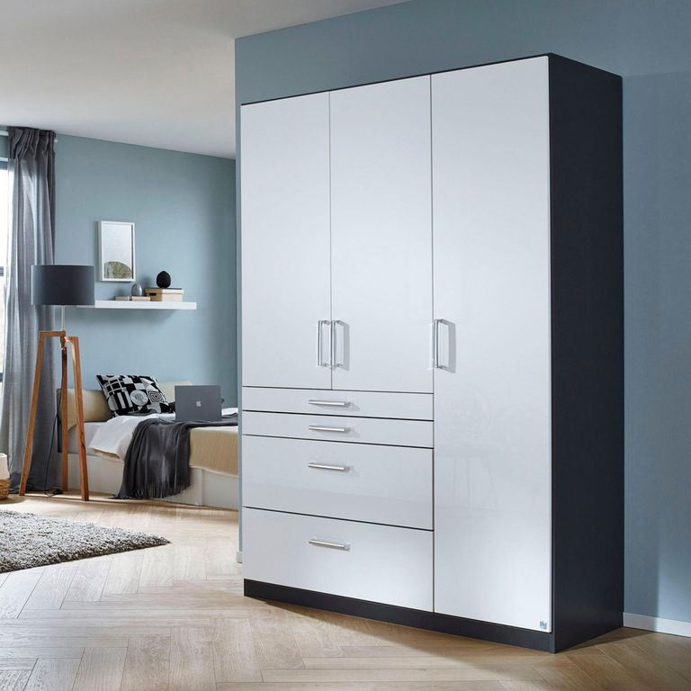 Rauch Homburg 136cm 3 Door Wardrobe with Drawer - Metallic Dark Grey and High Gloss White