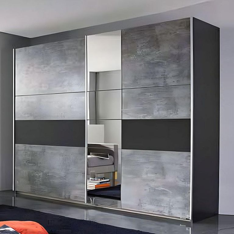 Rauch Korbach 261cm 2 Door Sliding Wardrobe with Mirror - Metallic Dark Grey and Stone Grey