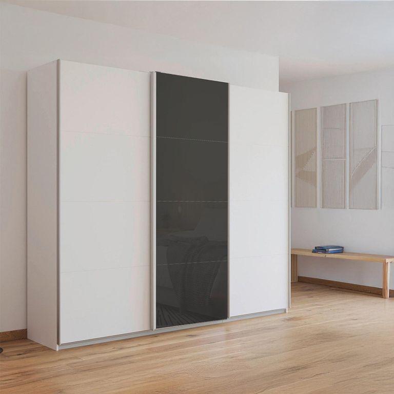 Kulmbach Sliding Wardrobe - 203cm - 3 Door - Alpine White & Basalt Glass Front