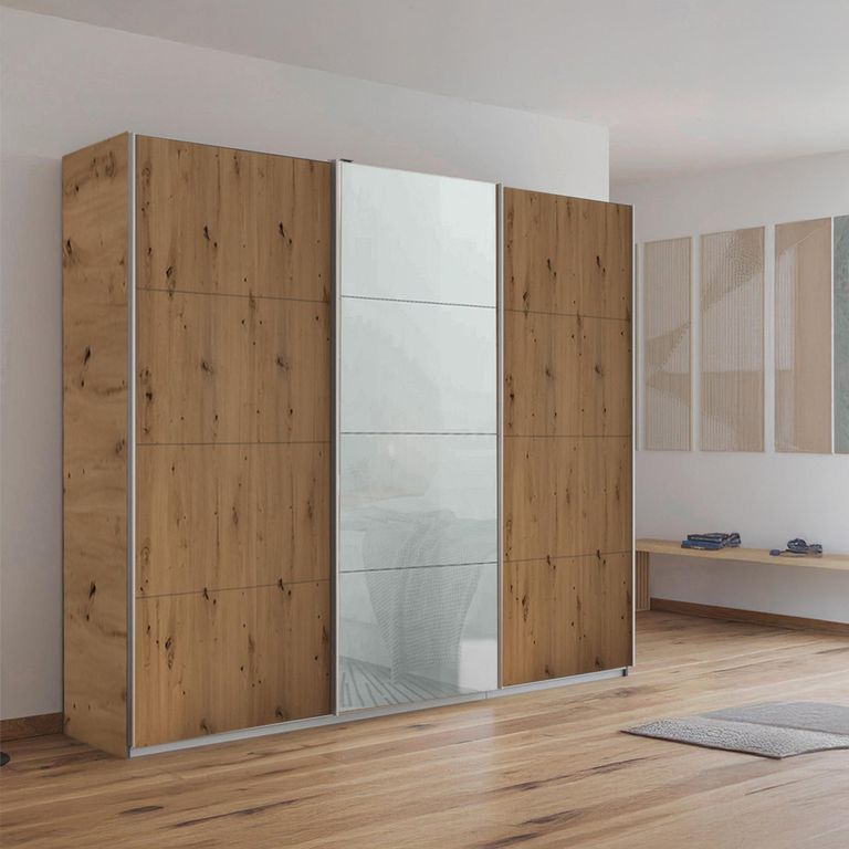Kulmbach Sliding Wardrobe - 203cm - 3 Door - Artisan Oak & Silk Grey Glass Front
