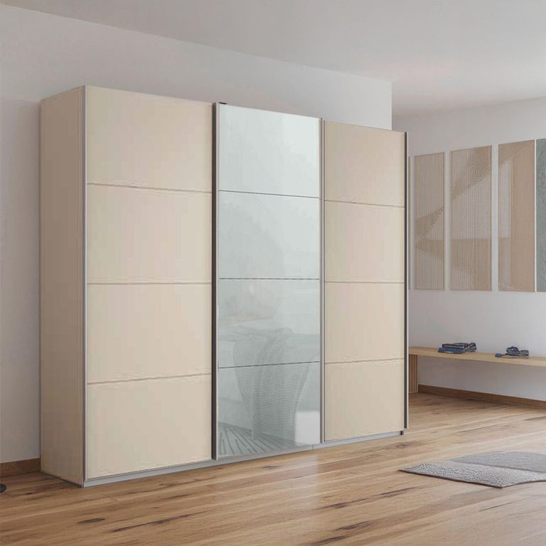 Kulmbach Sliding Wardrobe - 203cm - 3 Door - Champagne & Silk Grey Glass Front