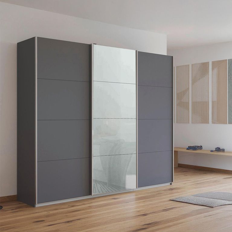 Kulmbach Sliding Wardrobe - 203cm - 3 Door - Metallic Dark Grey & Silk Grey Glass Front