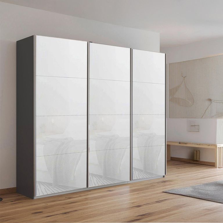 Kulmbach Sliding Wardrobe - 203cm - 3 Door - Metallic Dark Grey & White Glass