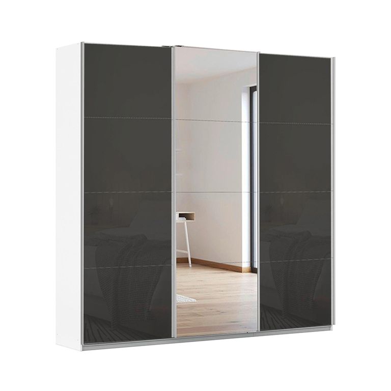 Kulmbach Sliding Mirror Wardrobe - 203cm - 3 Door - Alpine White & Basalt Glass