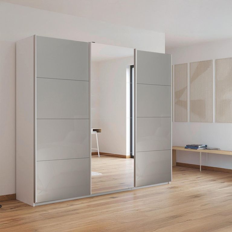 Rauch Kulmbach 203cm 3 Door Sliding Wardrobe with Mirror - Alpine White and Grey High Gloss
