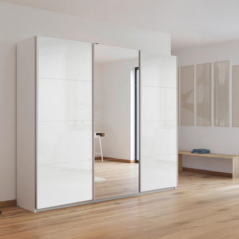 Rauch Kulmbach 203cm 3 Door Sliding Wardrobe with Mirror - Alpine White and White High Gloss