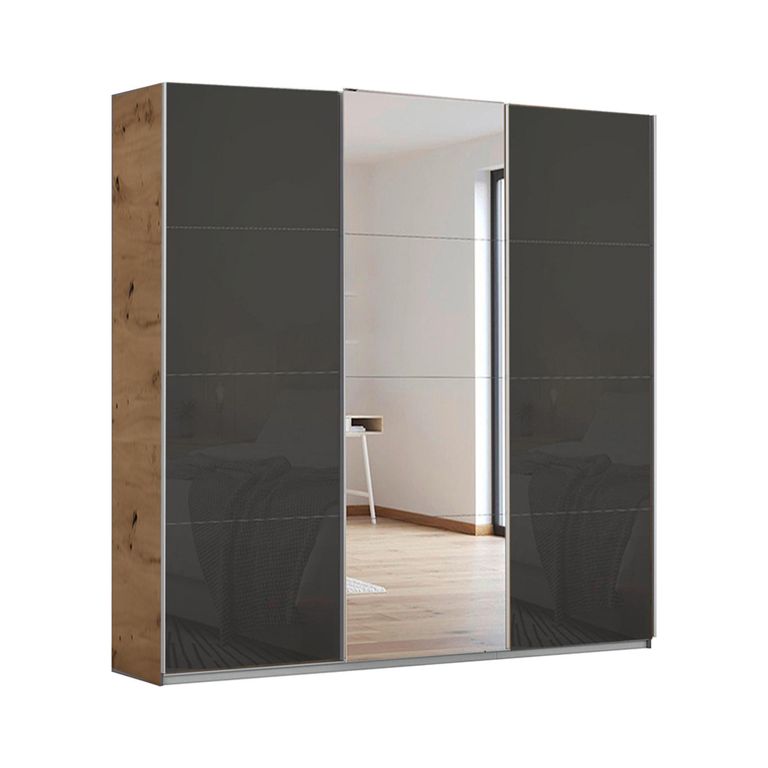 Kulmbach Sliding Mirror Wardrobe - 203cm - 3 Door - Artisan Oak & Basalt Glass