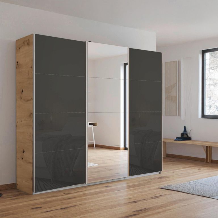 Kulmbach Sliding Mirror Wardrobe - 203cm - 3 Door - Artisan Oak & Basalt Glass