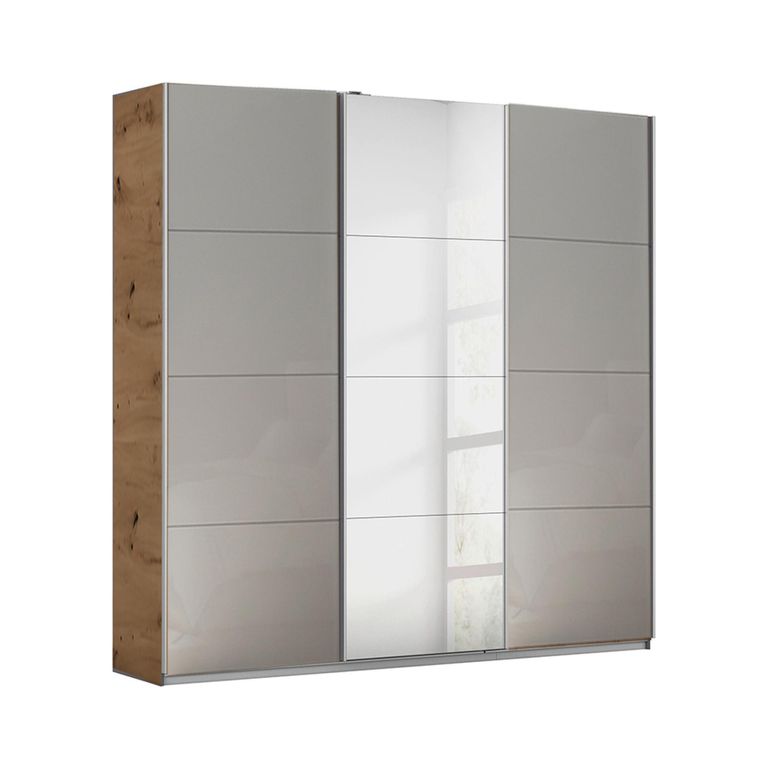 Rauch Kulmbach 203cm 3 Door Sliding Wardrobe with Mirror - Artisan Oak and Grey High Gloss