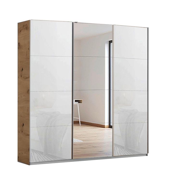 Kulmbach Sliding Mirror Wardrobe - 203cm - 3 Door - Artisan Oak & White Glass