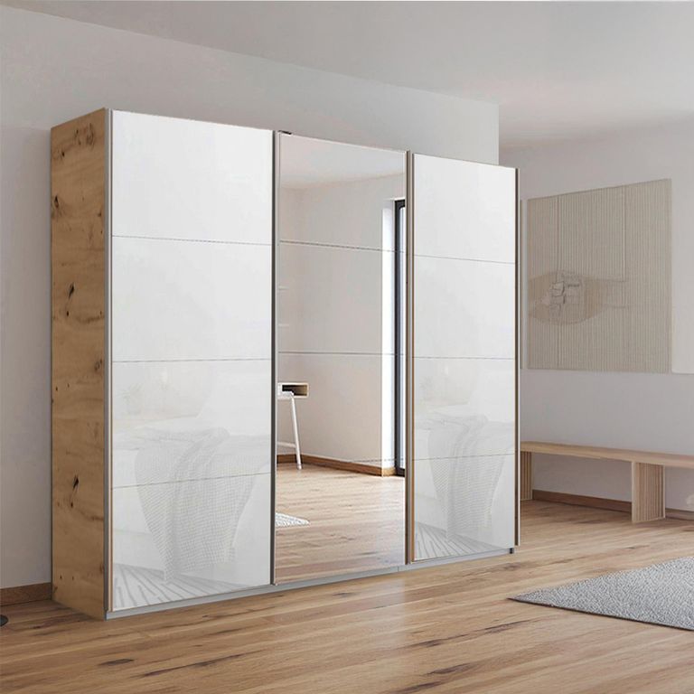 Kulmbach Sliding Mirror Wardrobe - 203cm - 3 Door - Artisan Oak & White Glass