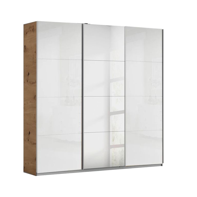 Rauch Kulmbach 203cm 3 Door Sliding Wardrobe with Mirror - Artisan Oak and White High Gloss