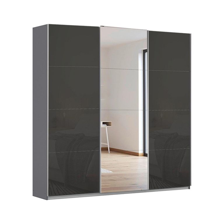 Kulmbach Sliding Mirror Wardrobe - 203cm - 3 Door - Metallic Dark Grey & Basalt Glass