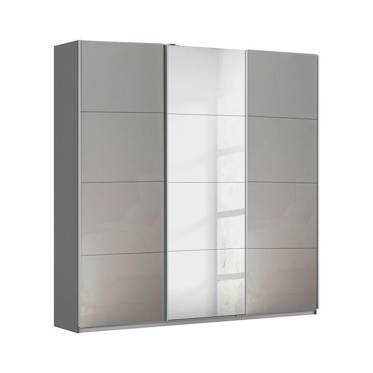 Rauch Kulmbach 203cm 3 Door Sliding Wardrobe with Mirror - Metallic Dark Grey and Grey High Gloss