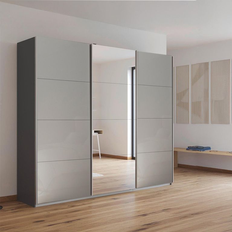 Rauch Kulmbach 203cm 3 Door Sliding Wardrobe with Mirror - Metallic Dark Grey and Grey High Gloss