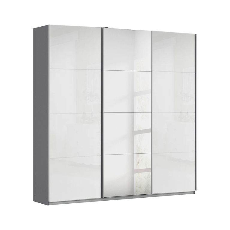 Rauch Kulmbach 203cm 3 Door Sliding Wardrobe with Mirror - Metallic Dark Grey and White High Gloss