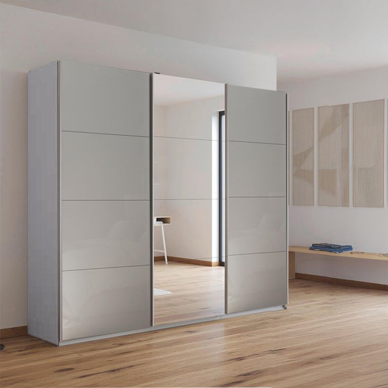 Rauch Kulmbach 203cm 3 Door Sliding Wardrobe with Mirror - Silk Grey and Grey High Gloss