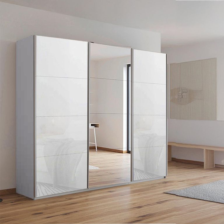 Kulmbach Sliding Mirror Wardrobe - 203cm - 3 Door - Silk Grey & White Glass