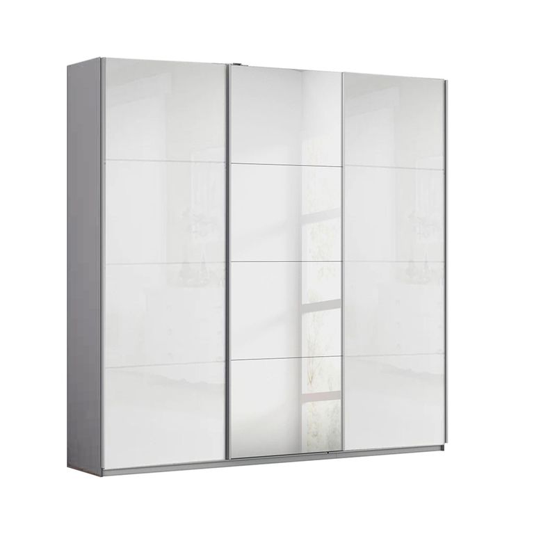 Rauch Kulmbach 203cm 3 Door Sliding Wardrobe with Mirror - Silk Grey and White High Gloss