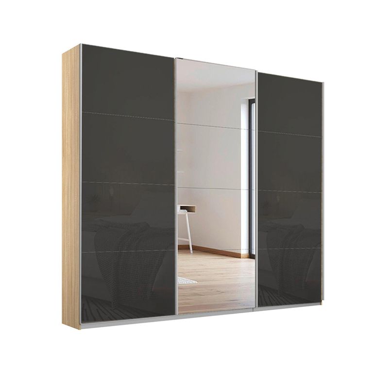 Kulmbach Sliding Mirror Wardrobe - 203cm - 3 Door - Sonoma Oak & Basalt Glass