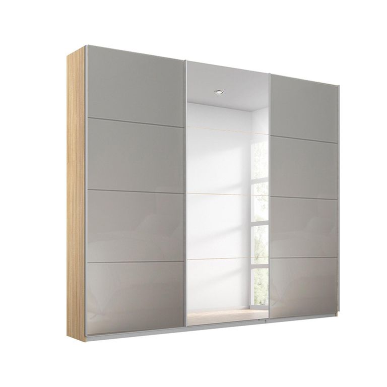 Rauch Kulmbach 203cm 3 Door Sliding Wardrobe with Mirror - Sonoma Oak and Grey High Gloss