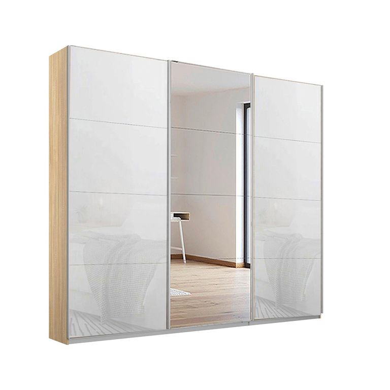Kulmbach Sliding Mirror Wardrobe - 203cm - 3 Door - Sonoma Oak & White Glass