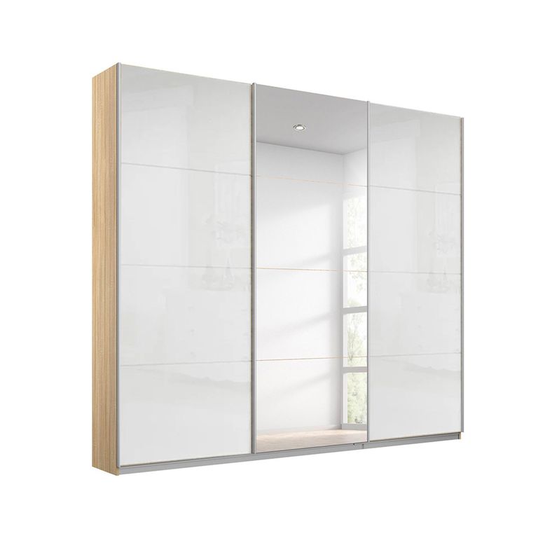 Rauch Kulmbach 203cm 3 Door Sliding Wardrobe with Mirror - Sonoma Oak and White High Gloss