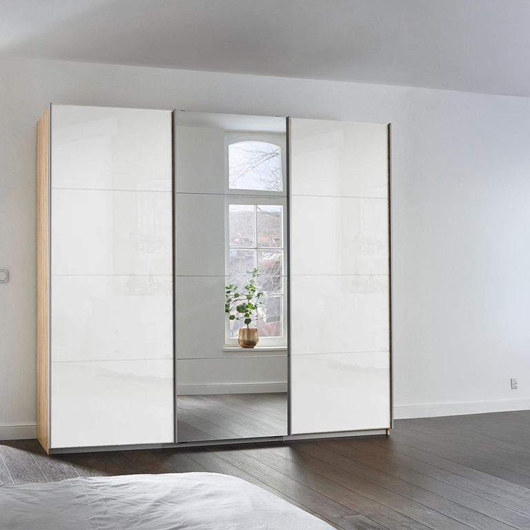Rauch Kulmbach 203cm 3 Door Sliding Wardrobe with Mirror - Sonoma Oak and White High Gloss