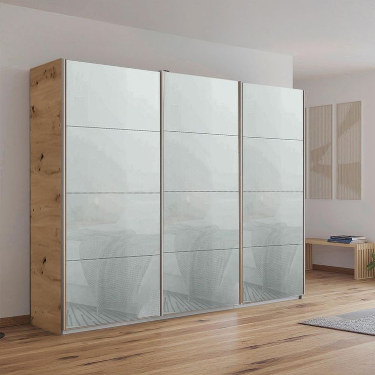 Kulmbach Sliding Wardrobe - 271cm - 3 Door - Artisan Oak & Silk Grey Glass