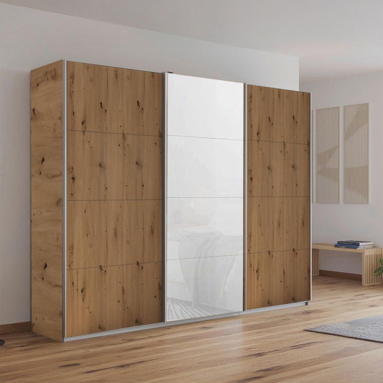 Kulmbach Sliding Wardrobe - 271cm - 3 Door - Artisan Oak & White Glass Front