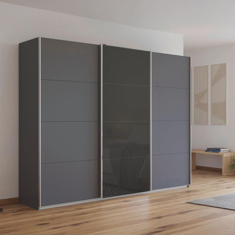 Kulmbach Sliding Wardrobe - 271cm - 3 Door - Metallic Dark Grey & Basalt Glass Front