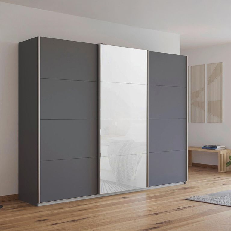 Kulmbach Sliding Wardrobe - 271cm - 3 Door - Metallic Dark Grey & White Glass Front