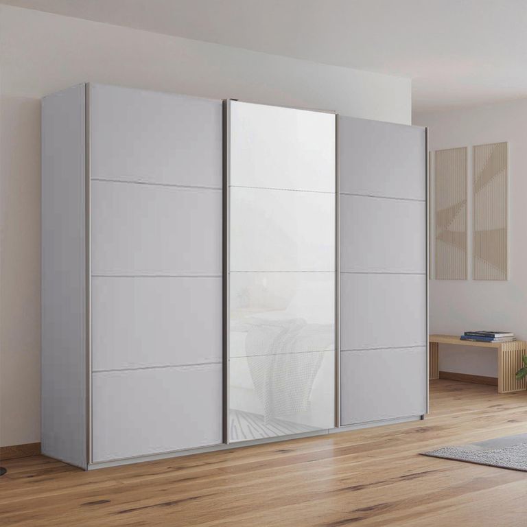 Kulmbach Sliding Wardrobe - 271cm - 3 Door - Silk Grey & White Glass Front