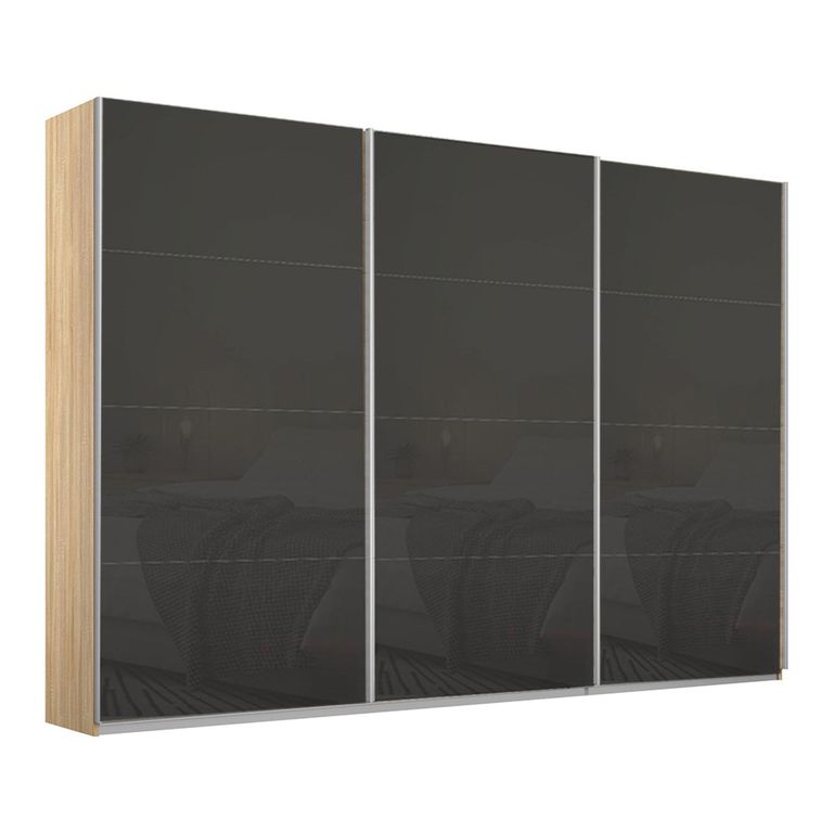 Kulmbach Sliding Wardrobe - 271cm - 3 Door - Sonoma Oak & Basalt Glass
