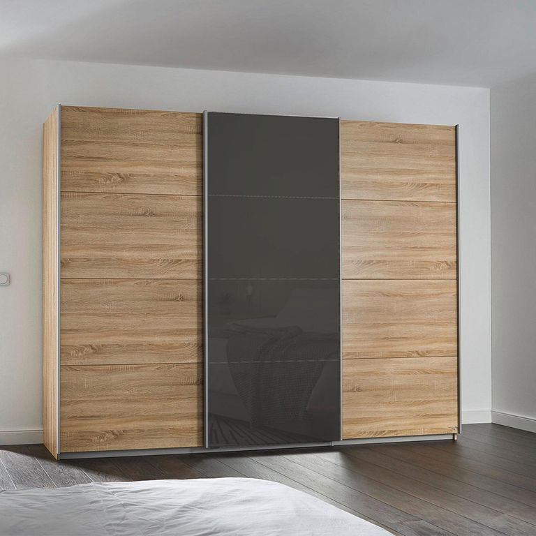 Kulmbach Sliding Wardrobe - 271cm - 3 Door - Sonoma Oak & Basalt Glass Front