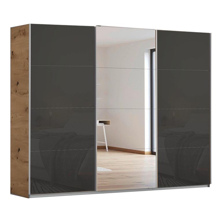 Kulmbach Sliding Mirror Wardrobe - 271cm - 3 Door - Artisan Oak & Basalt Glass