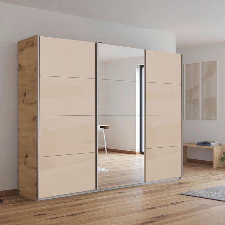 Kulmbach Sliding Mirror Wardrobe - 271cm - 3 Door - Artisan Oak & Champagne Glass