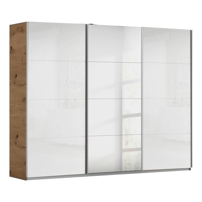 Kulmbach Sliding Mirror Wardrobe - 271cm - 3 Door - Artisan Oak & White High Gloss