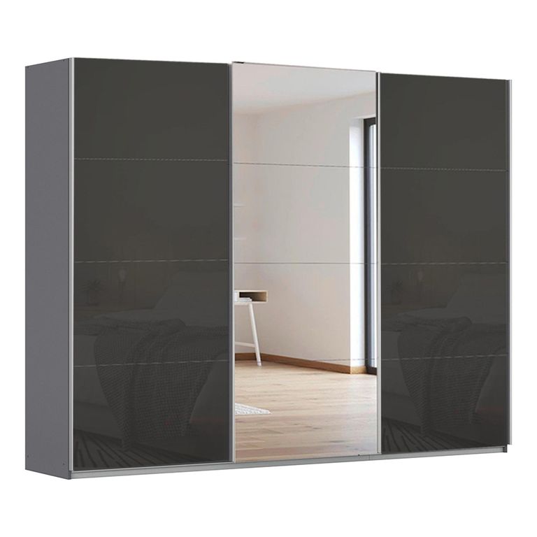 Kulmbach Sliding Mirror Wardrobe - 271cm - 3 Door - Metallic Dark Grey & Basalt Glass